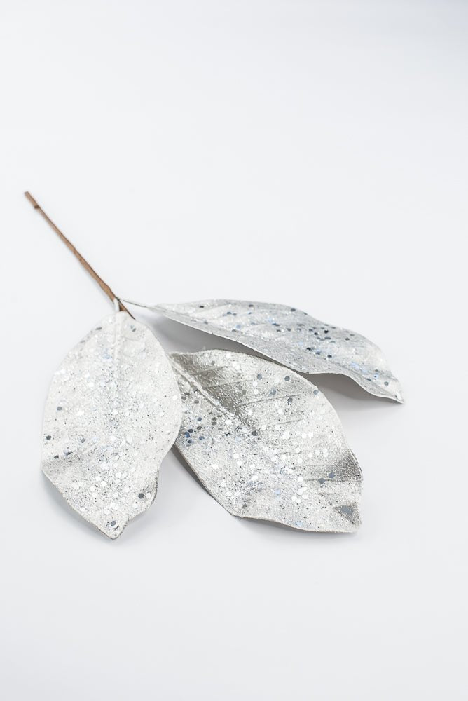 Artificial Platinum Glitter Metallic Magnolia Leaves Pick - 15" - Greenery MarketArtificial Flowers276605