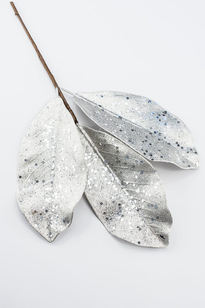 Artificial Platinum Glitter Metallic Magnolia Leaves Pick - 15" - Greenery MarketArtificial Flowers276605