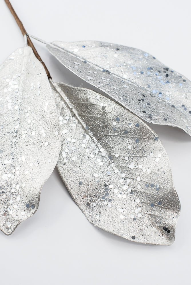 Artificial Platinum Glitter Metallic Magnolia Leaves Pick - 15" - Greenery MarketArtificial Flowers276605