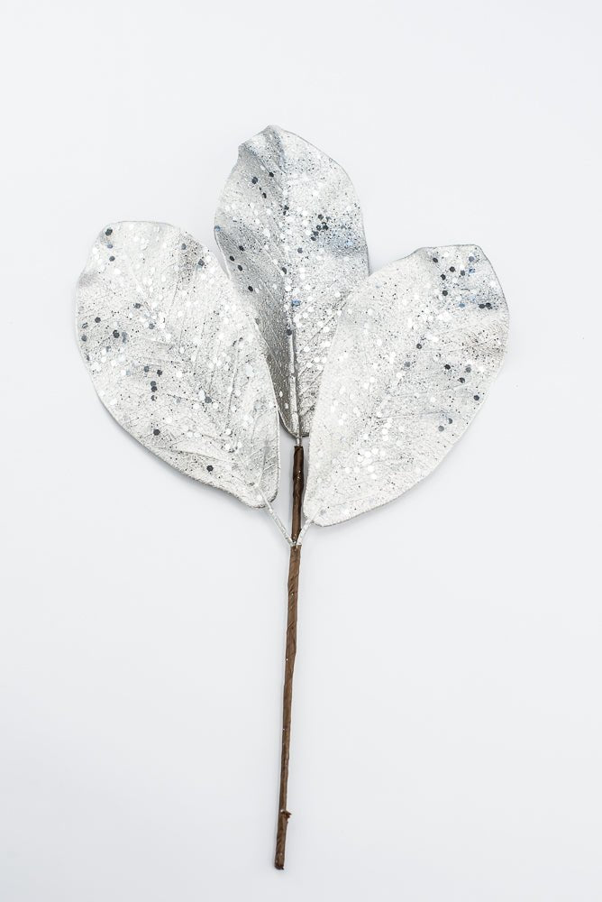 Artificial Platinum Glitter Metallic Magnolia Leaves Pick - 15" - Greenery MarketArtificial Flowers276605