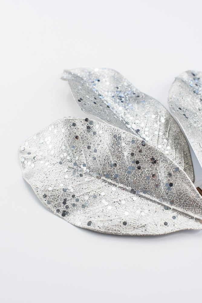 Artificial Platinum Glitter Metallic Magnolia Leaves Pick - 15" - Greenery MarketArtificial Flowers276605