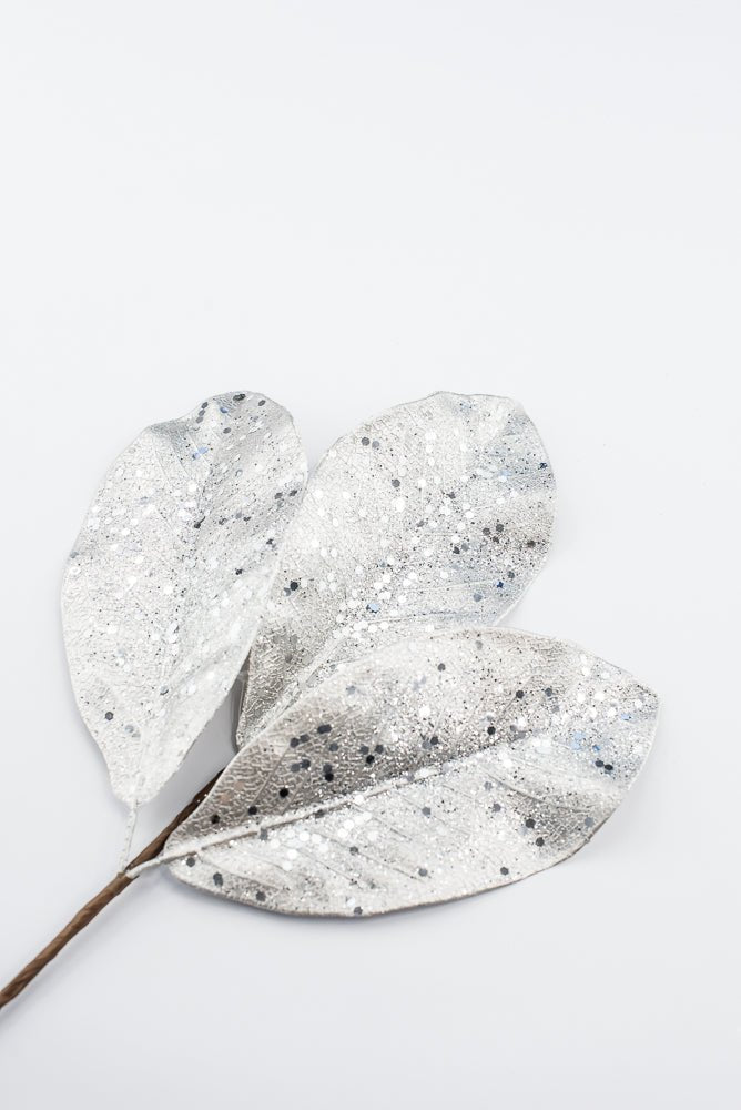 Artificial Platinum Glitter Metallic Magnolia Leaves Pick - 15" - Greenery MarketArtificial Flowers276605