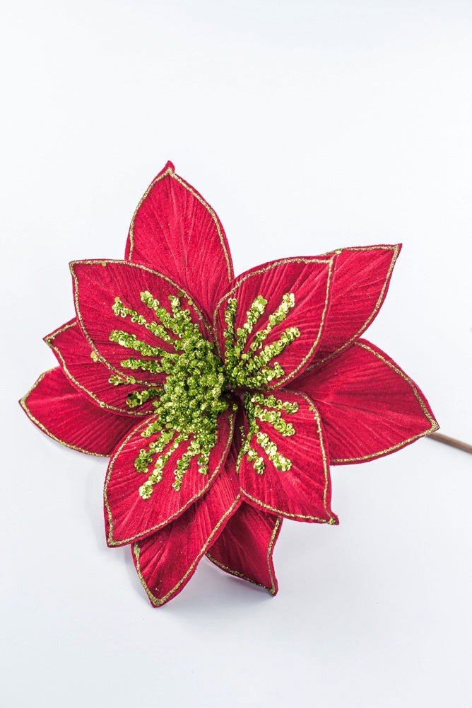 Artificial Red & Apple Green Glitter Poinsettia Stem - 22" - Greenery MarketArtificial Flowers251512