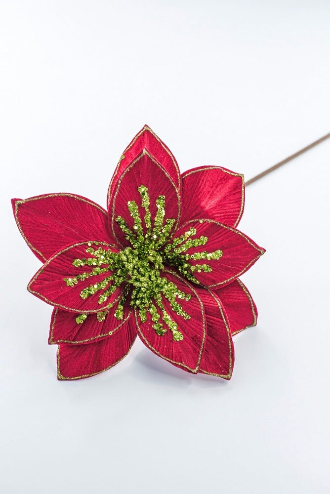 Artificial Red & Apple Green Glitter Poinsettia Stem - 22" - Greenery MarketArtificial Flowers251512