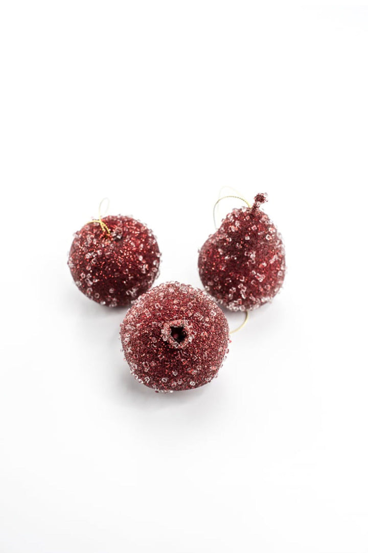 Artificial Red Beaded Pomegranate, Pear & Apple - 3-4" SET Of 3 Assorted Ornaments - Greenery MarketArtificial Fruit277974