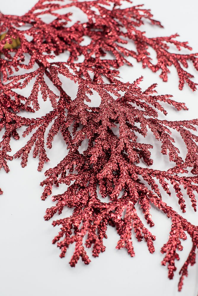 Artificial Red Glitter Flat Cedar Spray - 21" - Greenery MarketArtificial Flowers224728