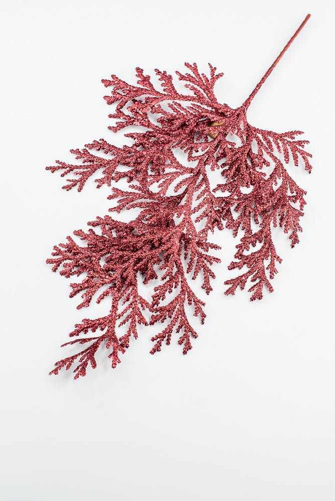 Artificial Red Glitter Flat Cedar Spray - 21" - Greenery MarketArtificial Flowers224728