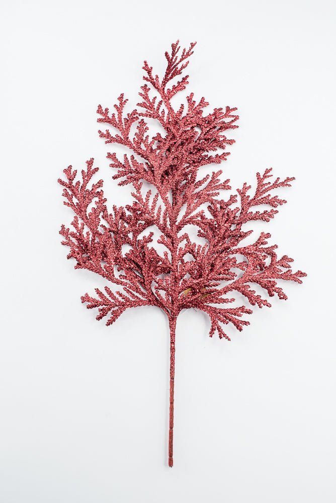 Artificial Red Glitter Flat Cedar Spray - 21" - Greenery MarketArtificial Flowers224728