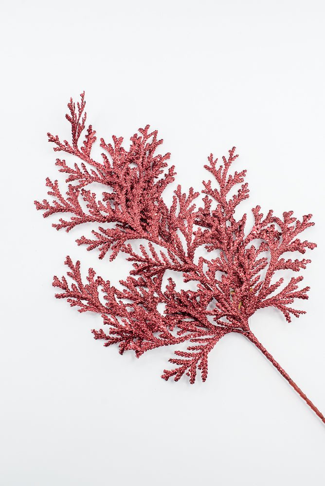 Artificial Red Glitter Flat Cedar Spray - 21" - Greenery MarketArtificial Flowers224728