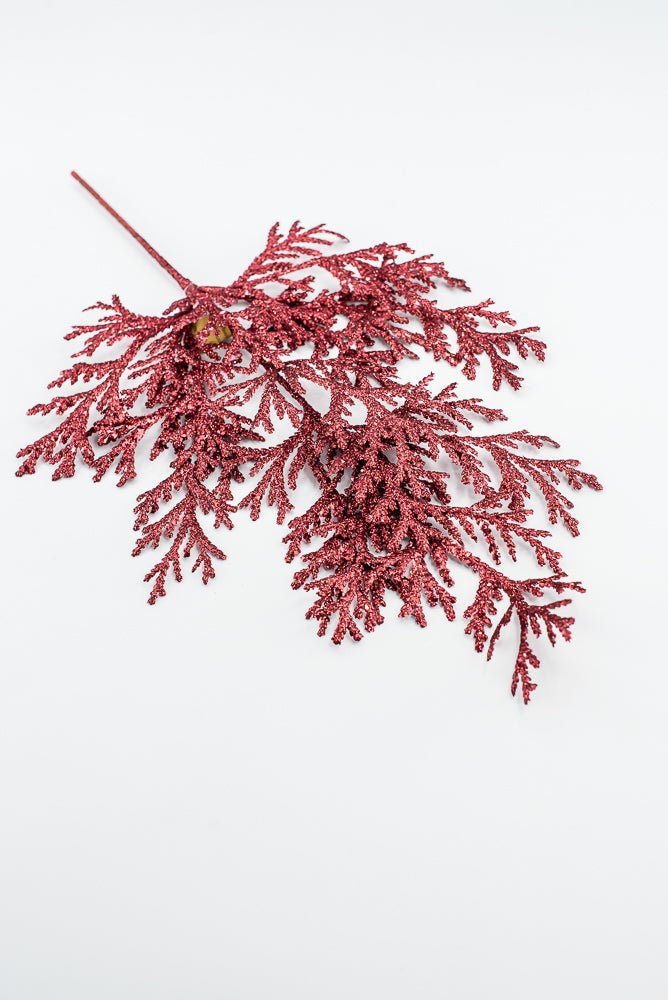 Artificial Red Glitter Flat Cedar Spray - 21" - Greenery MarketArtificial Flowers224728
