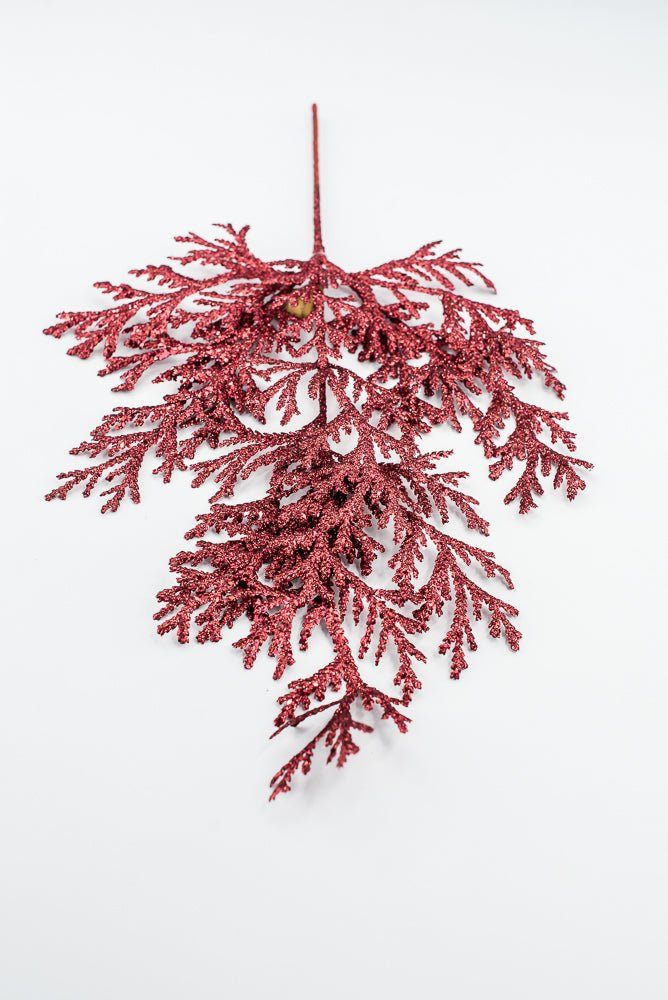 Artificial Red Glitter Flat Cedar Spray - 21" - Greenery MarketArtificial Flowers224728