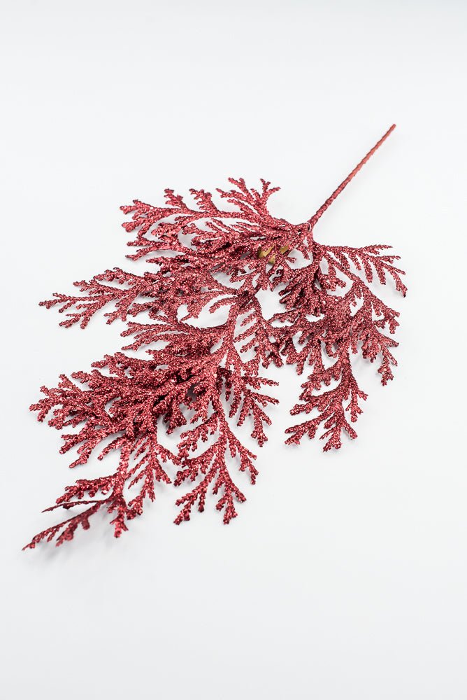 Artificial Red Glitter Flat Cedar Spray - 21" - Greenery MarketArtificial Flowers224728