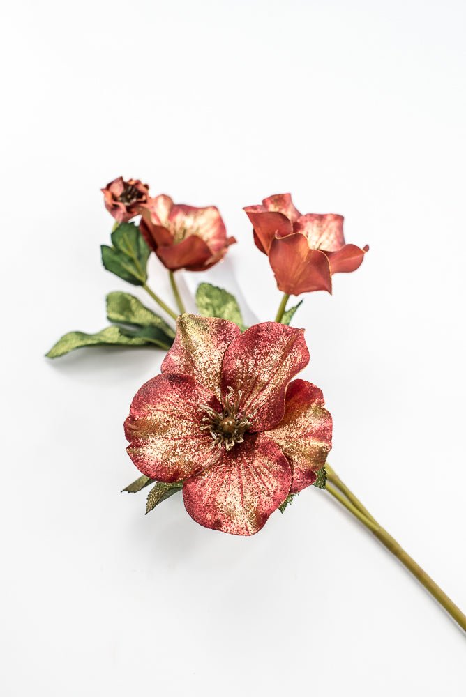 Artificial Red & Gold Glitter Helleborus Spray - 26" - Greenery MarketArtificial FloraXF692-R
