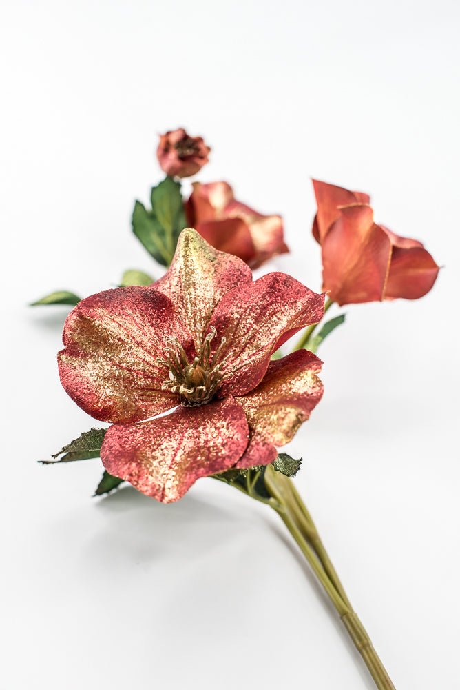 Artificial Red & Gold Glitter Helleborus Spray - 26" - Greenery MarketArtificial FloraXF692-R
