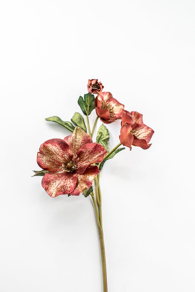Artificial Red & Gold Glitter Helleborus Spray - 26" - Greenery MarketArtificial FloraXF692-R