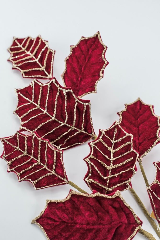 Artificial Red & Gold Holly Velvet Glitter Spray - 26.5" - Greenery MarketArtificial Flowers277652