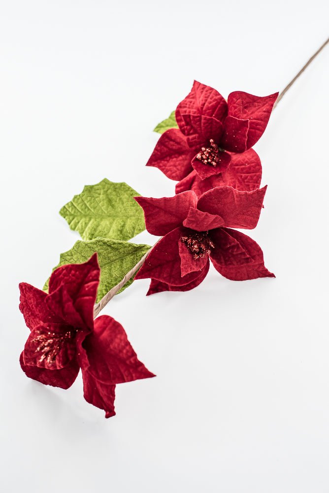 Artificial Red & Green Velvet Poinsettia Stem - 27.5" - Greenery MarketArtificial Flowers251734