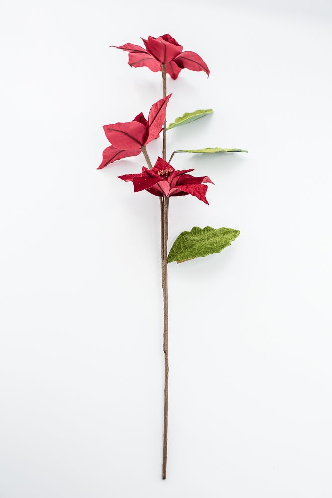 Artificial Red & Green Velvet Poinsettia Stem - 27.5" - Greenery MarketArtificial Flowers251734