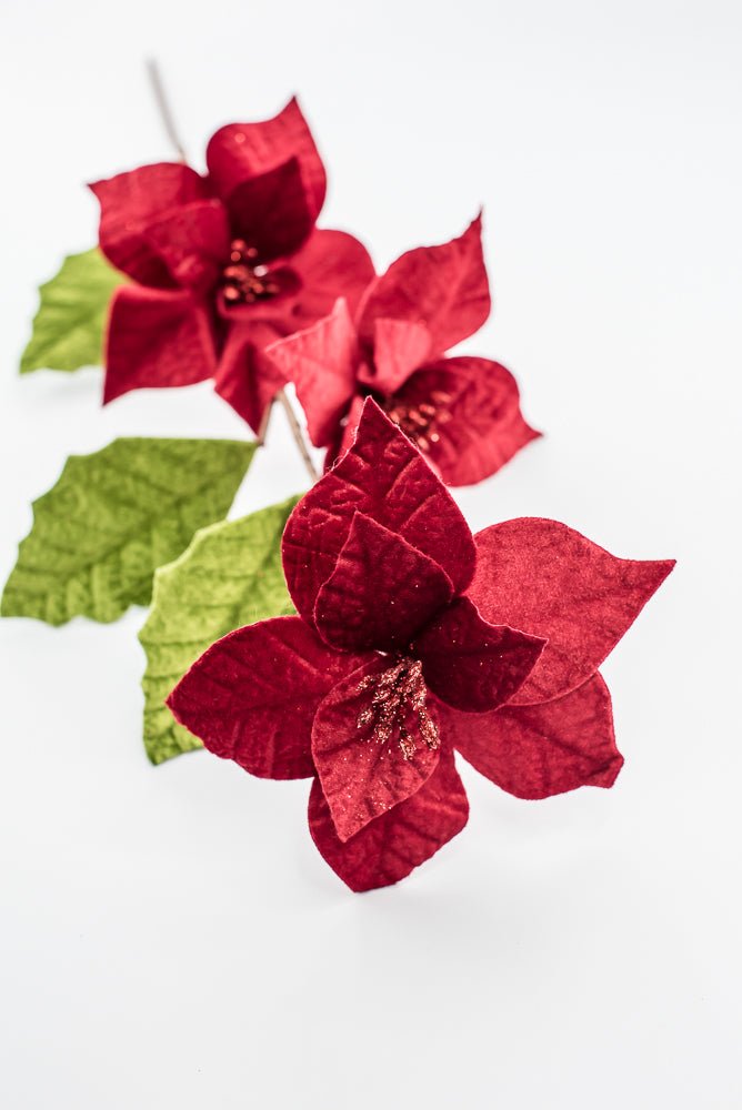 Artificial Red & Green Velvet Poinsettia Stem - 27.5" - Greenery MarketArtificial Flowers251734