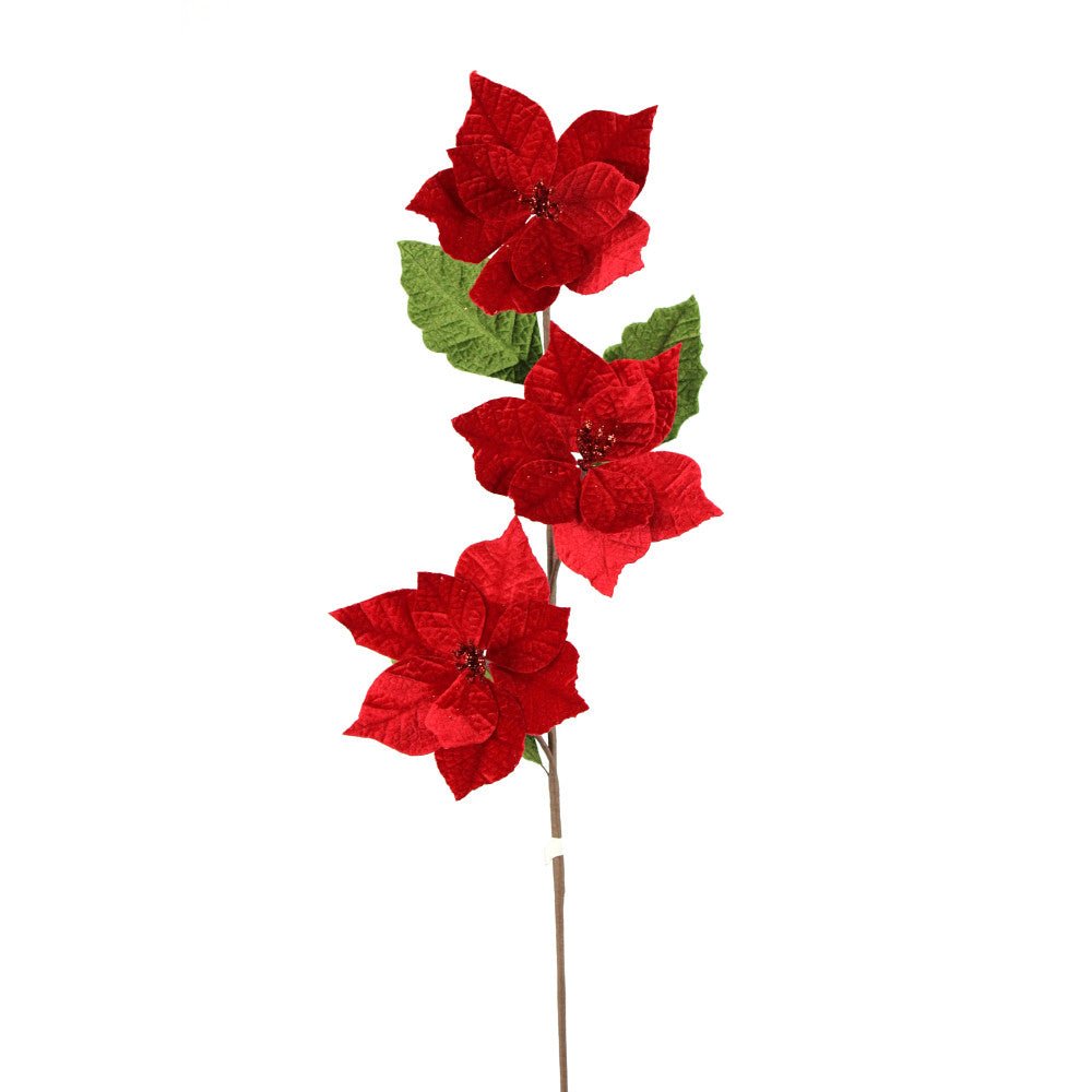 Artificial Red & Green Velvet Poinsettia Stem - 27.5" - Greenery MarketArtificial Flowers251734