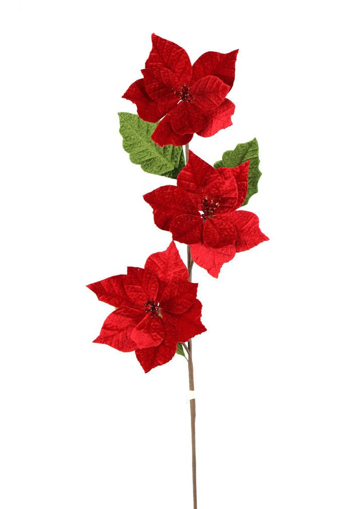 Artificial Red & Green Velvet Poinsettia Stem - 27.5" - Greenery MarketArtificial Flowers251734