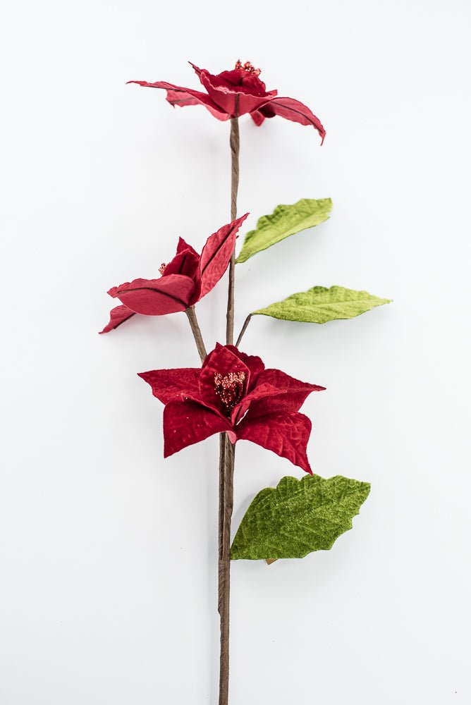 Artificial Red & Green Velvet Poinsettia Stem - 27.5" - Greenery MarketArtificial Flowers251734