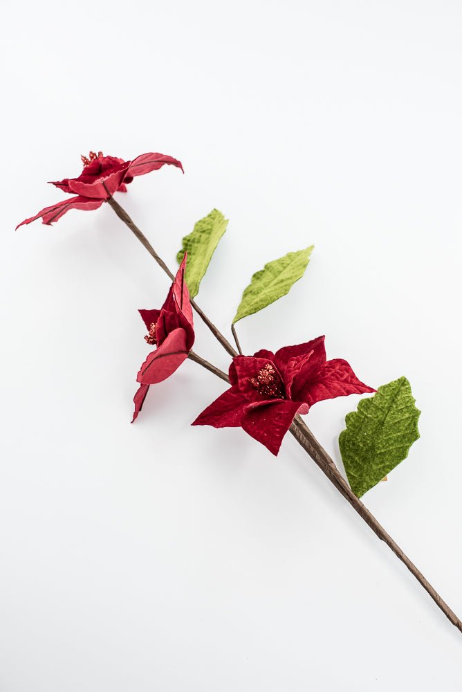 Artificial Red & Green Velvet Poinsettia Stem - 27.5" - Greenery MarketArtificial Flowers251734
