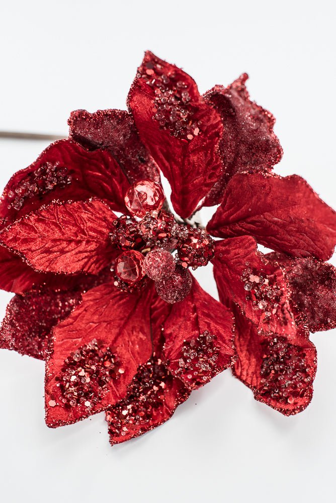 Artificial Red Poinsettia Jewel Glitter Pick - 18" - Greenery MarketArtificial Flowers270188