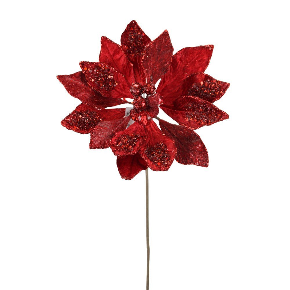 Artificial Red Poinsettia Jewel Glitter Pick - 18" - Greenery MarketArtificial Flowers270188