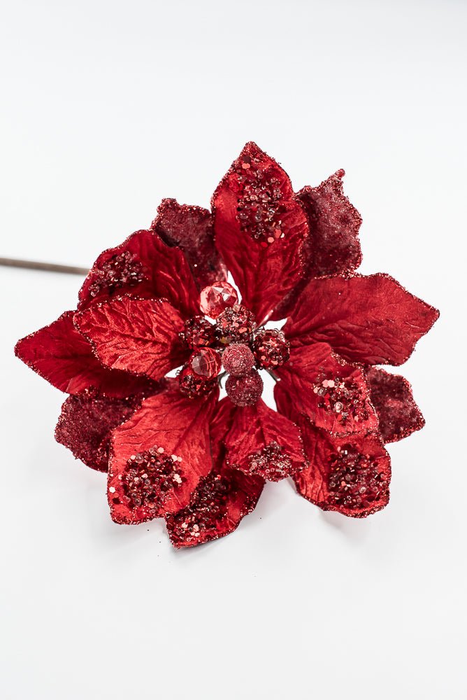 Artificial Red Poinsettia Jewel Glitter Pick - 18" - Greenery MarketArtificial Flowers270188