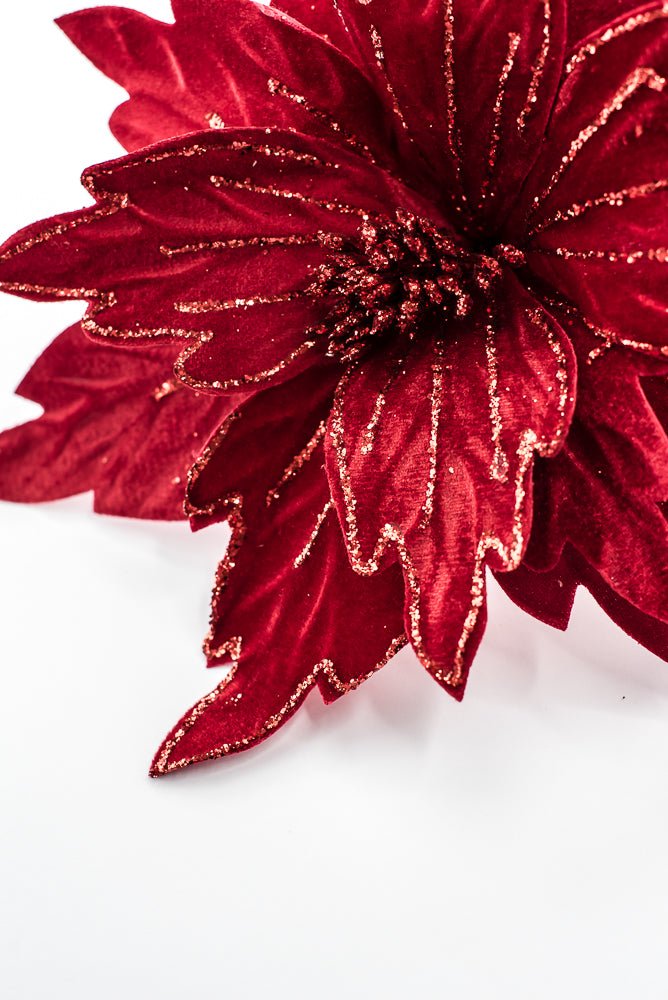 Artificial Red Velvet Glitter Poinsettia Stem - 19" - Greenery MarketArtificial Flowers101338
