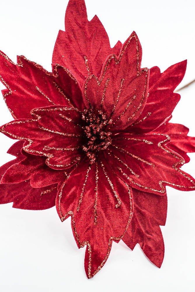 Artificial Red Velvet Glitter Poinsettia Stem - 19" - Greenery MarketArtificial Flowers101338