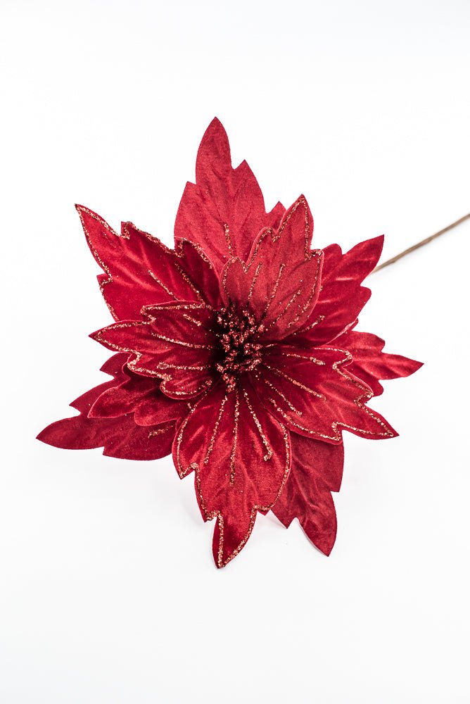 Artificial Red Velvet Glitter Poinsettia Stem - 19" - Greenery MarketArtificial Flowers101338