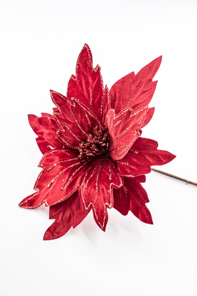 Artificial Red Velvet Glitter Poinsettia Stem - 19" - Greenery MarketArtificial Flowers101338