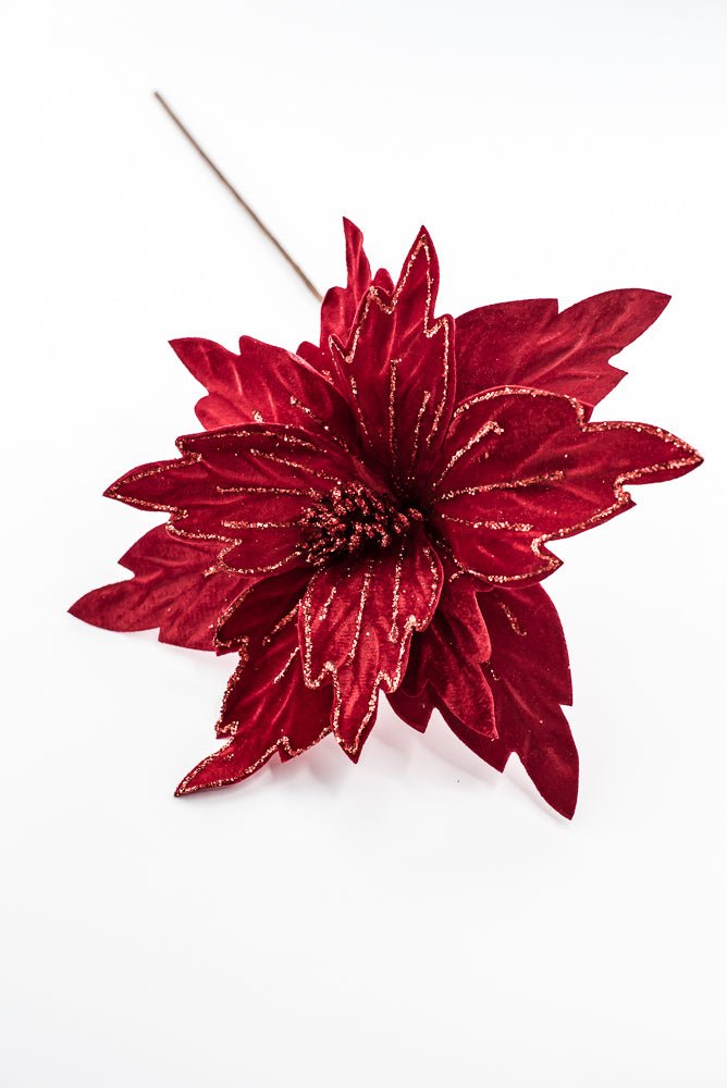 Artificial Red Velvet Glitter Poinsettia Stem - 19" - Greenery MarketArtificial Flowers101338