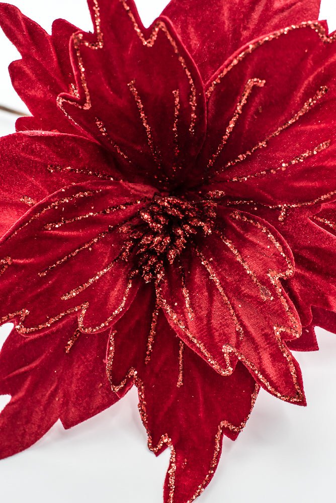 Artificial Red Velvet Glitter Poinsettia Stem - 19" - Greenery MarketArtificial Flowers101338