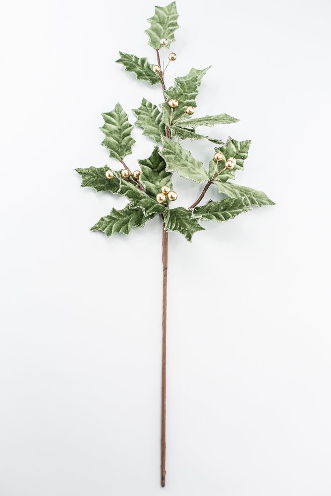 Artificial, Sage Green Velvet & Gold Holly Berry Spray - Greenery MarketArtificial Flowers251851