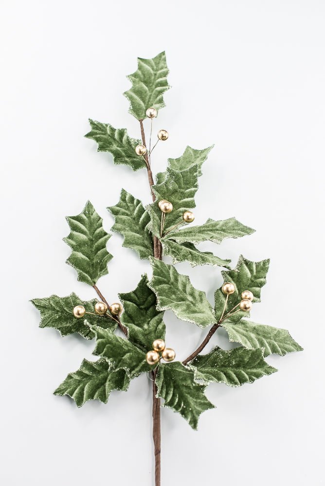 Artificial, Sage Green Velvet & Gold Holly Berry Spray - Greenery MarketArtificial Flowers251851