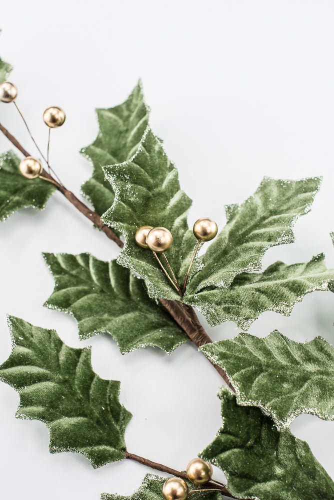 Artificial, Sage Green Velvet & Gold Holly Berry Spray - Greenery MarketArtificial Flowers251851