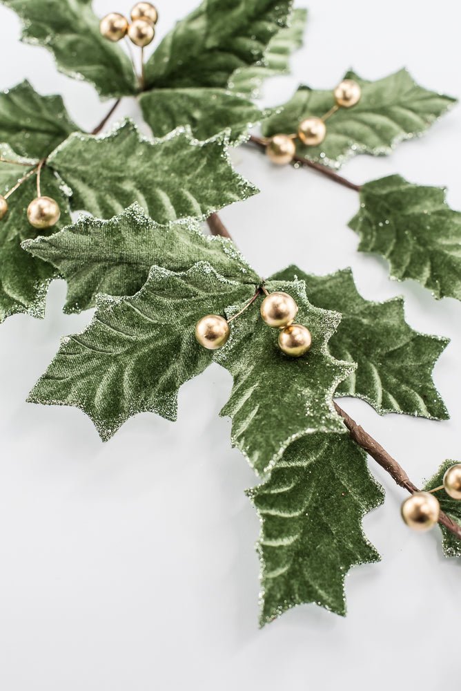 Artificial, Sage Green Velvet & Gold Holly Berry Spray - Greenery MarketArtificial Flowers251851