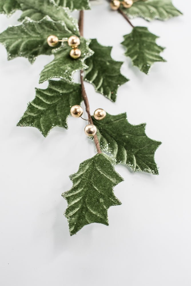 Artificial, Sage Green Velvet & Gold Holly Berry Spray - Greenery MarketArtificial Flowers251851