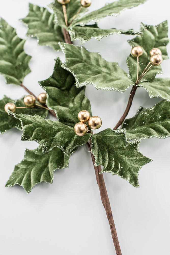 Artificial, Sage Green Velvet & Gold Holly Berry Spray - Greenery MarketArtificial Flowers251851