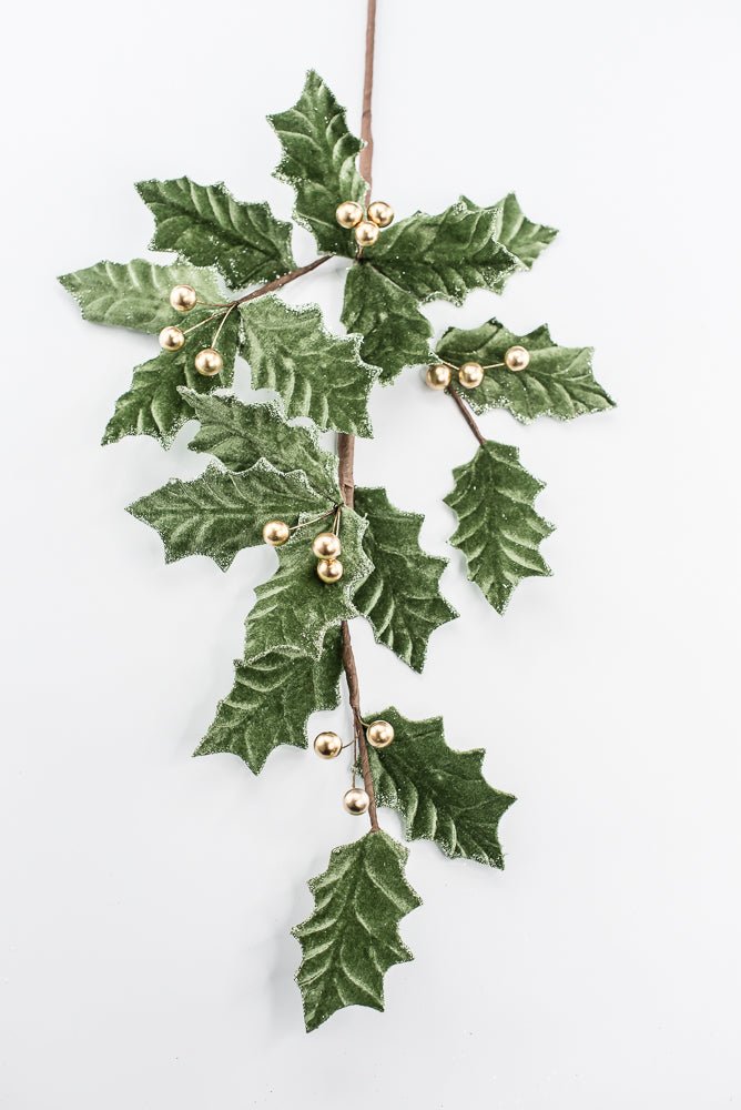 Artificial, Sage Green Velvet & Gold Holly Berry Spray - Greenery MarketArtificial Flowers251851