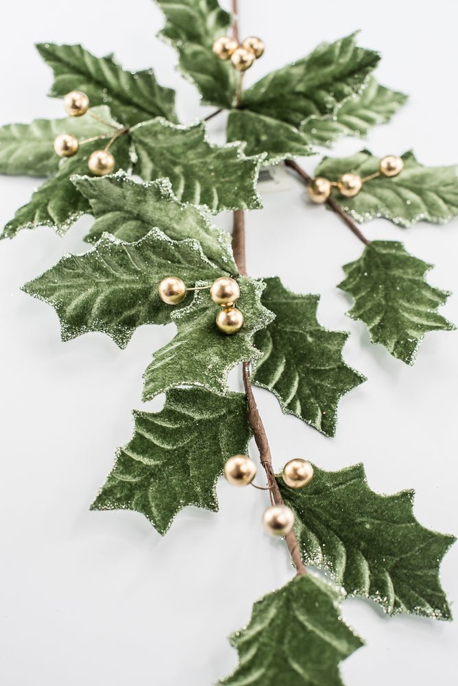 Artificial, Sage Green Velvet & Gold Holly Berry Spray - Greenery MarketArtificial Flowers251851