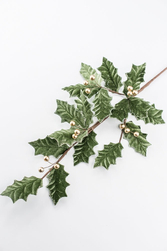 Artificial, Sage Green Velvet & Gold Holly Berry Spray - Greenery MarketArtificial Flowers251851