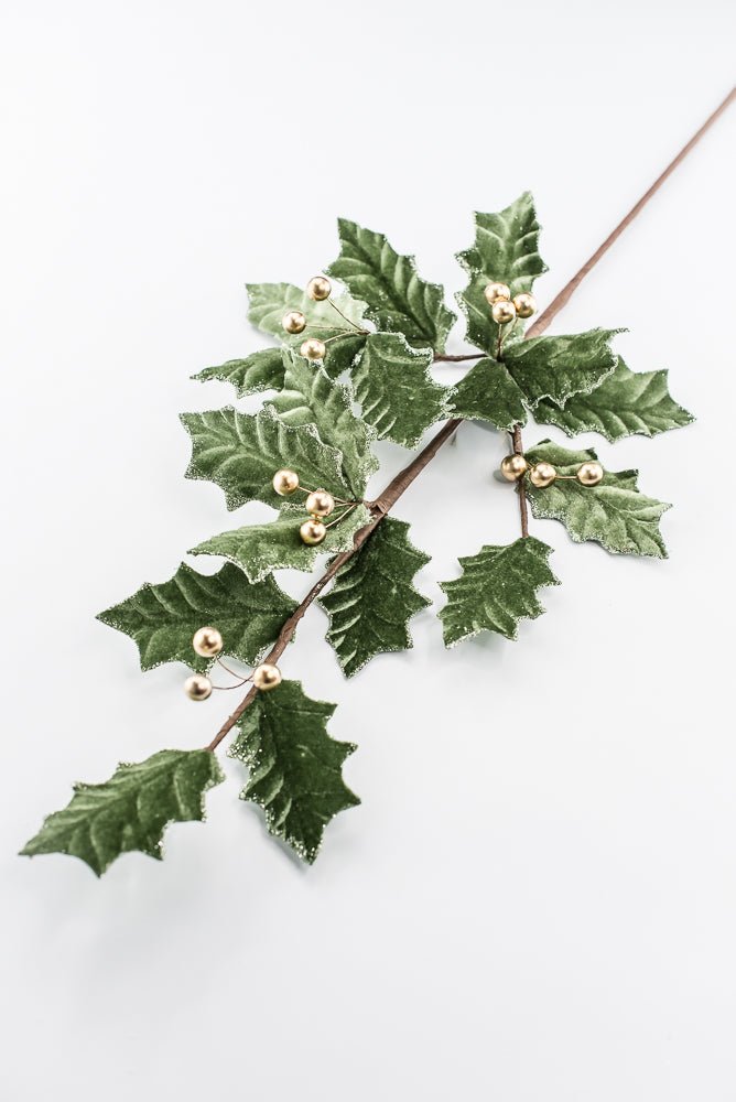 Artificial, Sage Green Velvet & Gold Holly Berry Spray - Greenery MarketArtificial Flowers251851