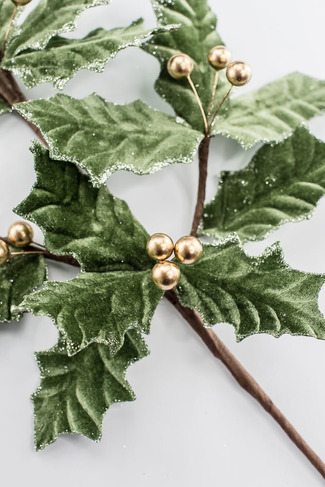 Artificial, Sage Green Velvet & Gold Holly Berry Spray - Greenery MarketArtificial Flowers251851