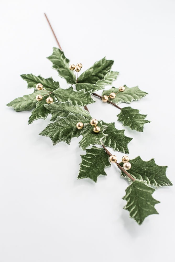Artificial, Sage Green Velvet & Gold Holly Berry Spray - Greenery MarketArtificial Flowers251851