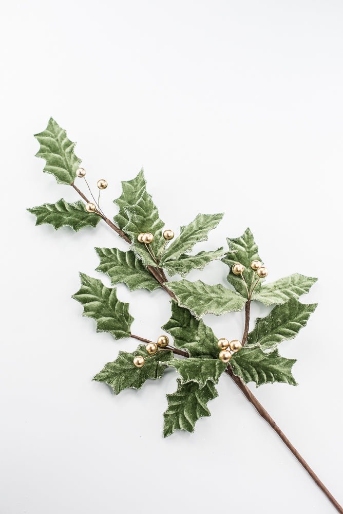 Artificial, Sage Green Velvet & Gold Holly Berry Spray - Greenery MarketArtificial Flowers251851