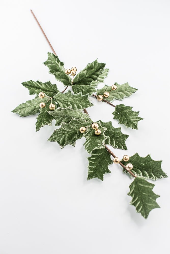 Artificial, Sage Green Velvet & Gold Holly Berry Spray - Greenery MarketArtificial Flowers251851